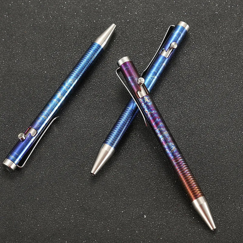 Titanium alloy ballpoint pen with gun bolt handle in a randomised phantom colour finish