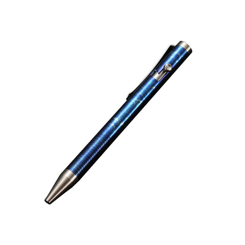 Titanium alloy ballpoint pen with gun bolt handle in a randomised phantom colour finish