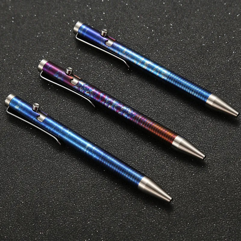 Titanium alloy ballpoint pen with gun bolt handle in a randomised phantom colour finish