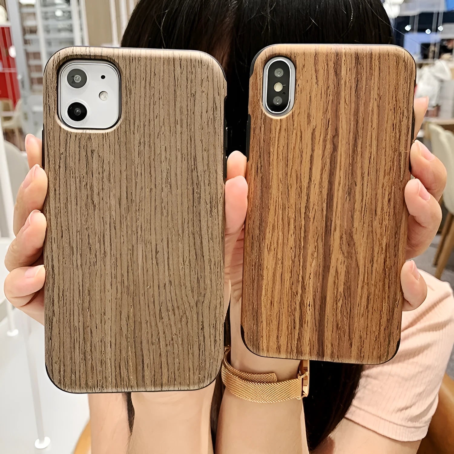 Slim wooden bamboo iPhone back cover case for iPhone 11 Pro shown in a teak wood finish.