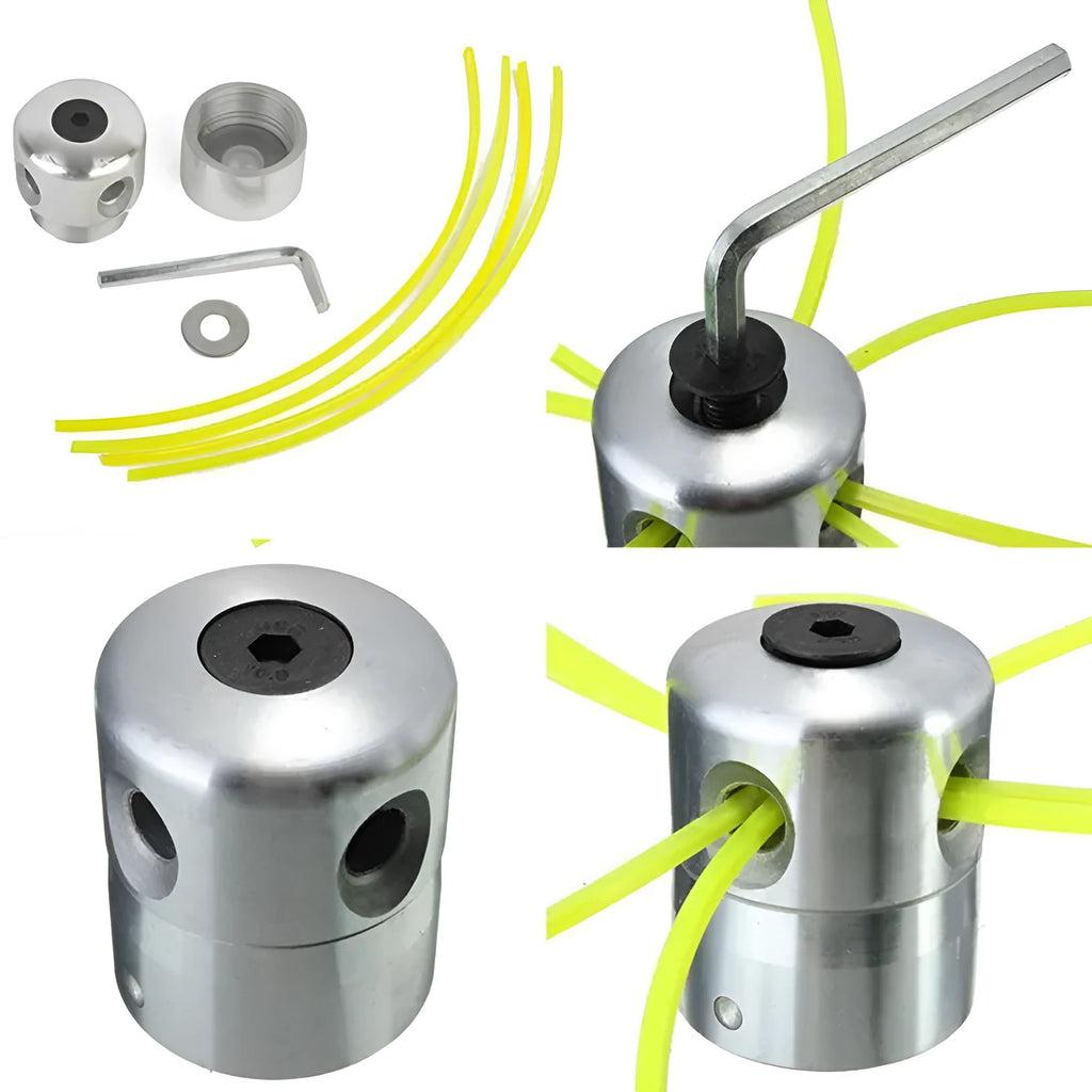 Silver aluminium grass trimmer head with light yellow square lines and wrench for lawn mower