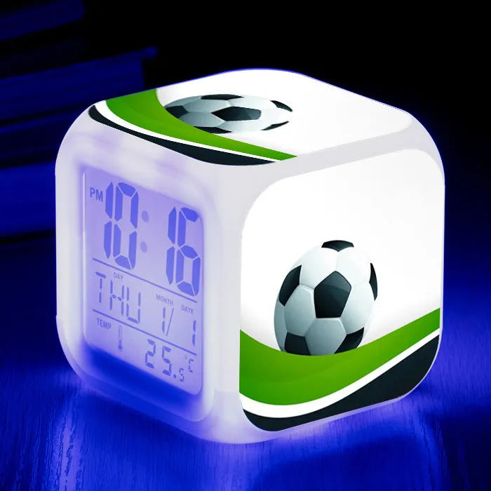 Square football pattern plastic mute alarm clock for students and children in colour options No 24, 25, 26