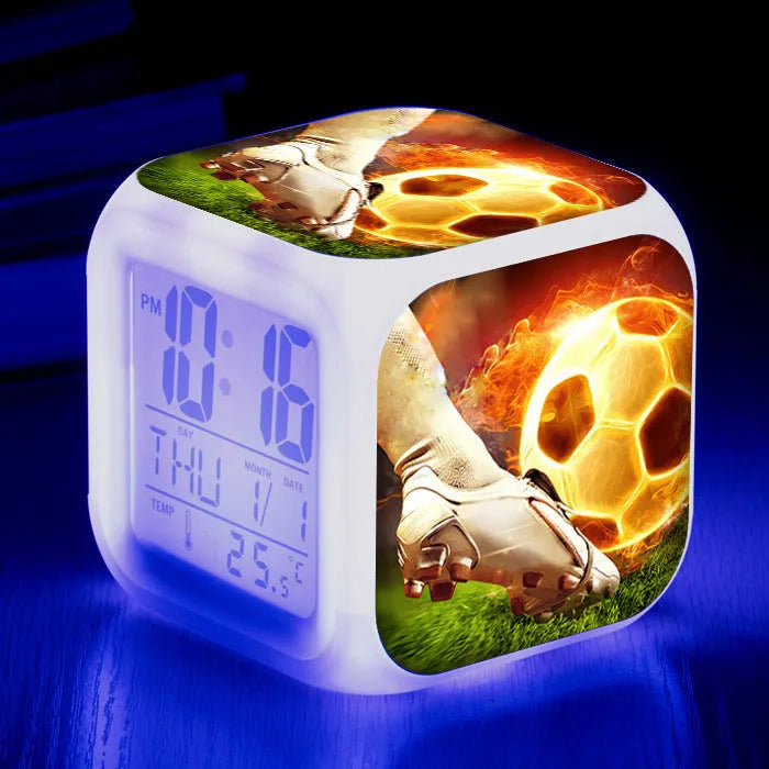 Square football pattern plastic mute alarm clock for students and children in colour options No 24, 25, 26