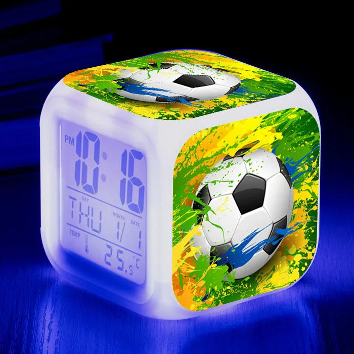 Square football pattern plastic mute alarm clock for students and children in colour options No 24, 25, 26