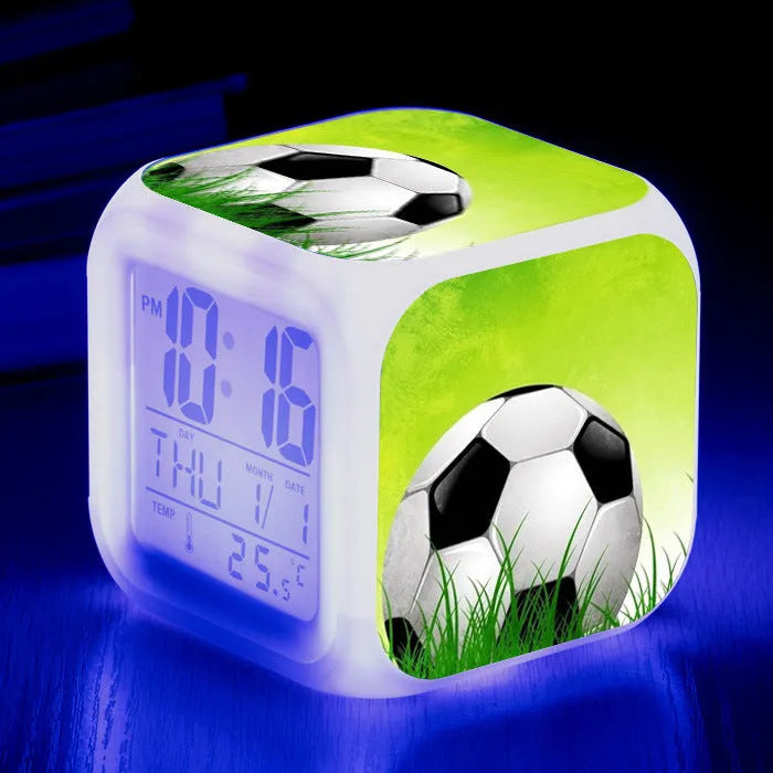 Square football pattern plastic mute alarm clock for students and children in colour options No 24, 25, 26
