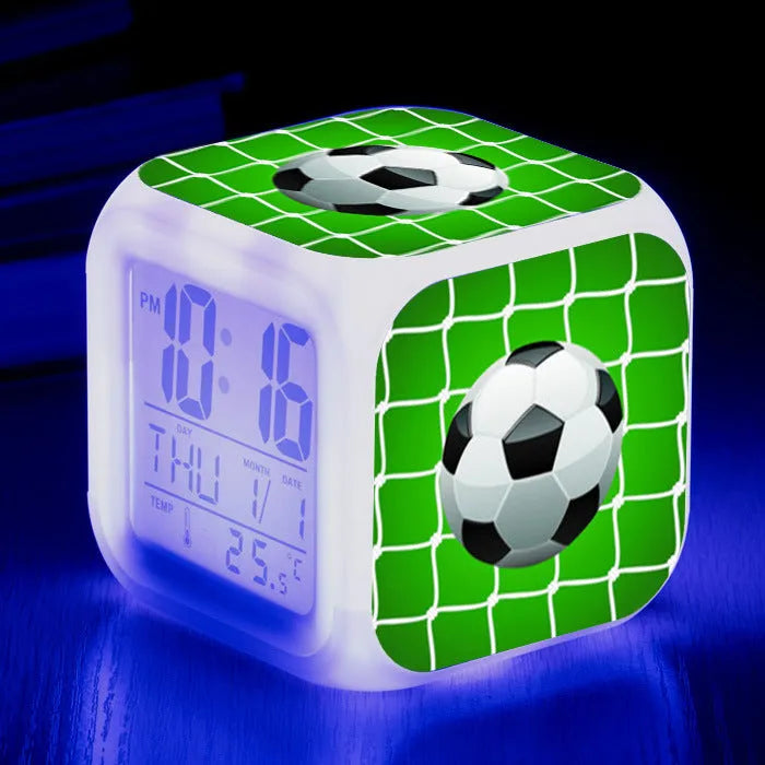 Square football pattern plastic mute alarm clock for students and children in colour options No 24, 25, 26