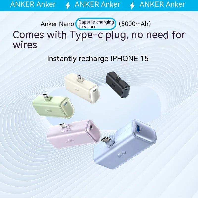 Small capsule-shaped power bank in five colours with a foldable USB-C cable attached