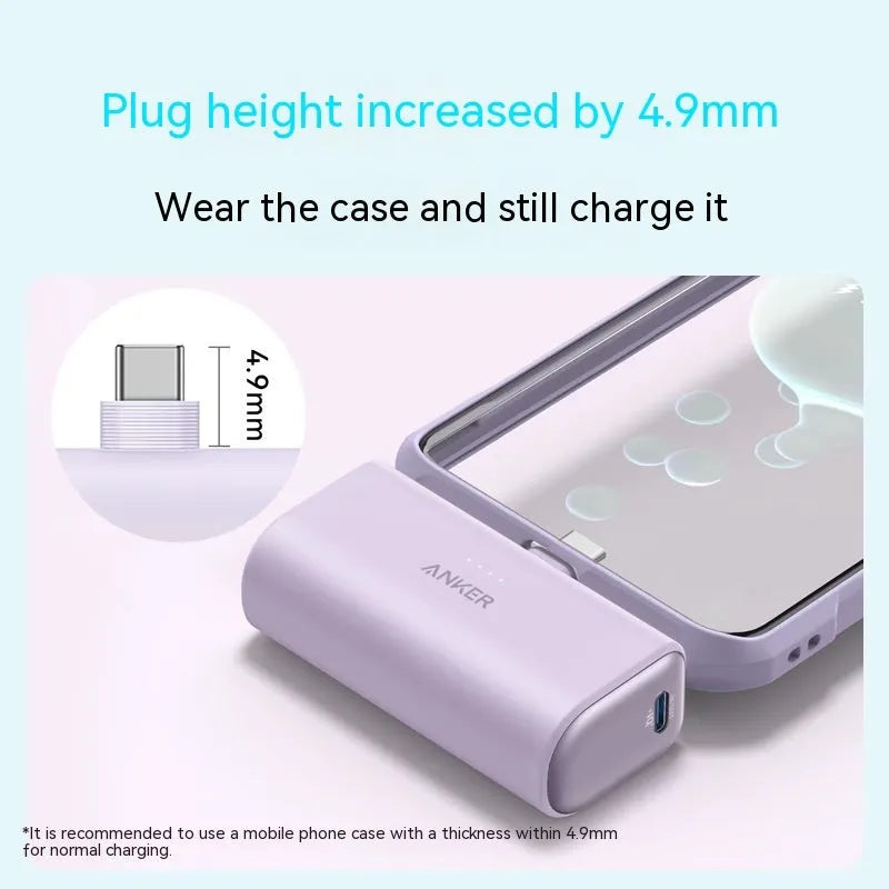 Small capsule-shaped power bank in five colours with a foldable USB-C cable attached