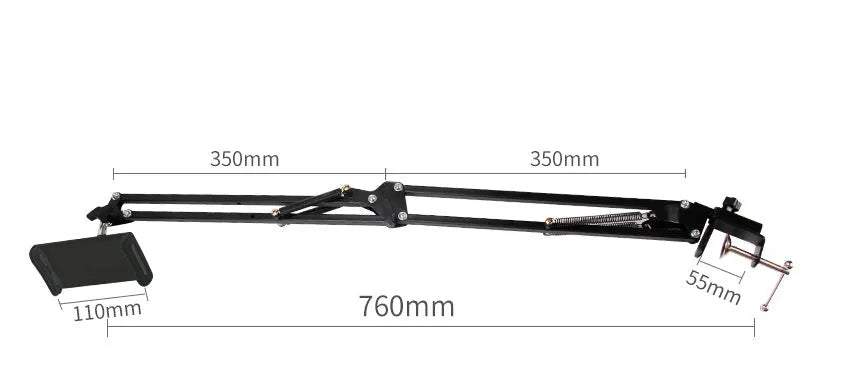 Adjustable black phone tablet stand on desktop holding mobile device at viewing angle