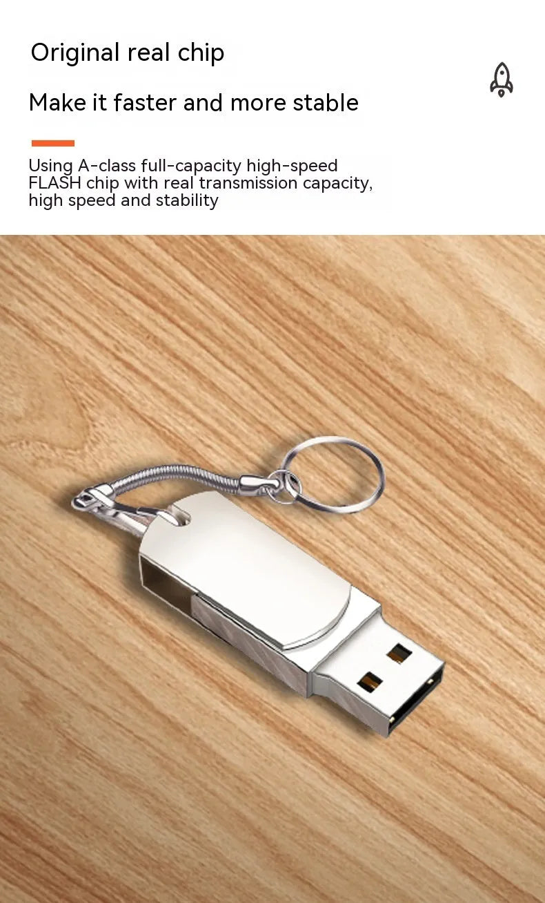 White metal rotary USB flash drive showing compact 34mm design with USB connector extended