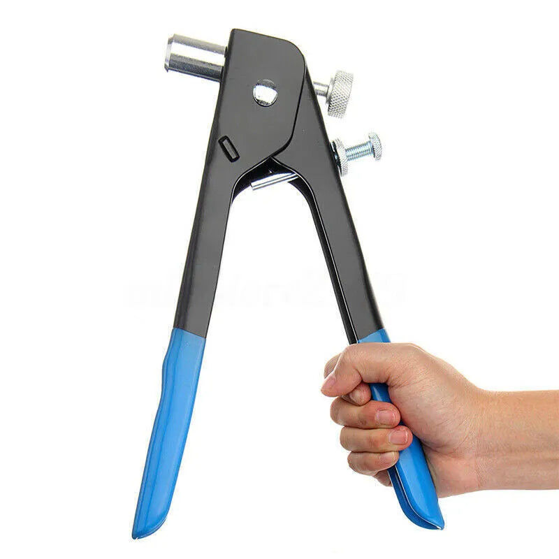 Alloy steel manual riveter nut tool set with spare rivet nuts on a workbench.