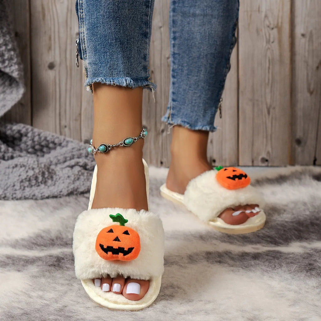 Yellow Halloween pumpkin cartoon design open-toe plush slippers with synthetic fur