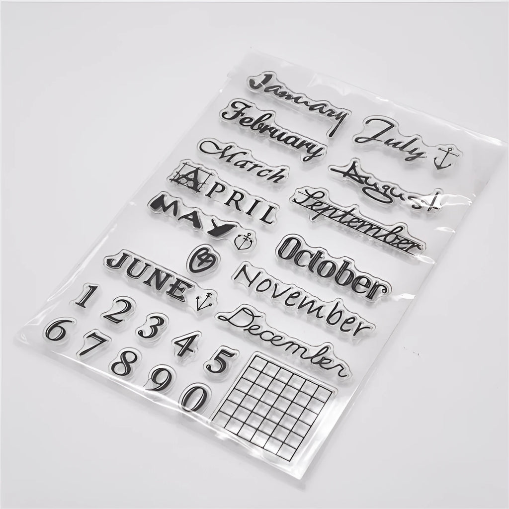 Close-up of a transparent silicone vintage calendar seal stamp showing a digital table icon design.