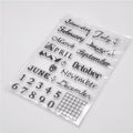 Close-up of a transparent silicone vintage calendar seal stamp showing a digital table icon design.