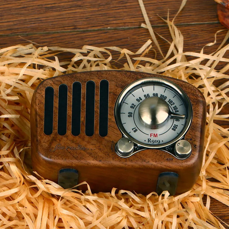 Retro wooden wireless mini Bluetooth speaker in cherry or walnut finish with compact dimensions