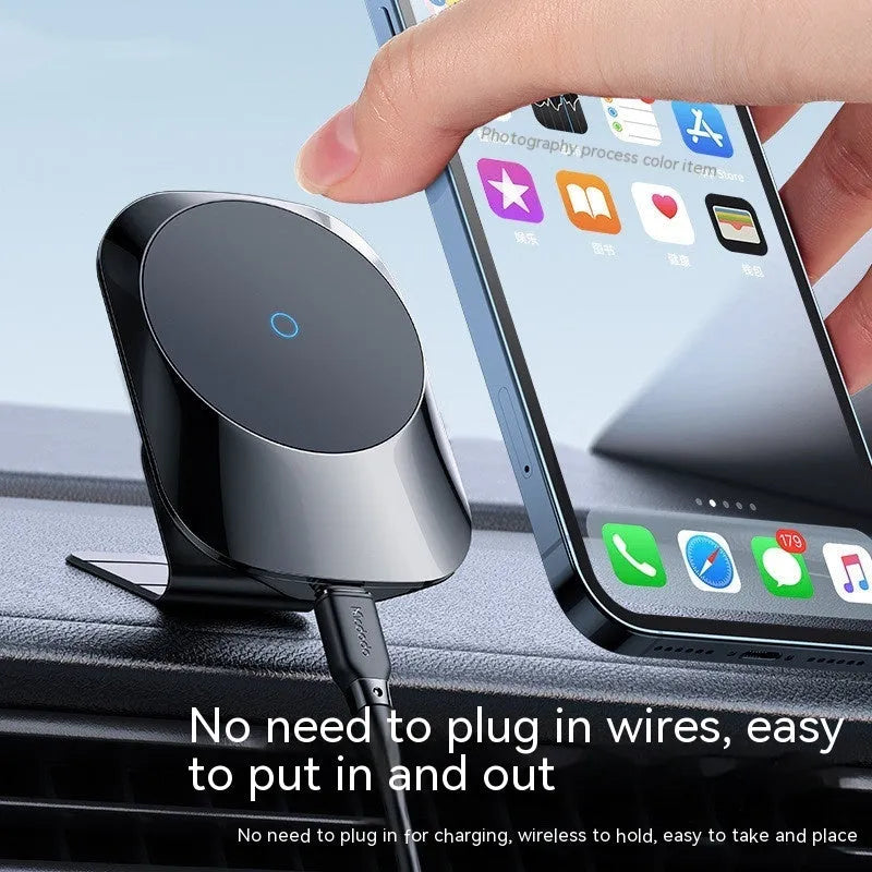 Black magnetic car wireless charger mounted on car air vent with phone attached