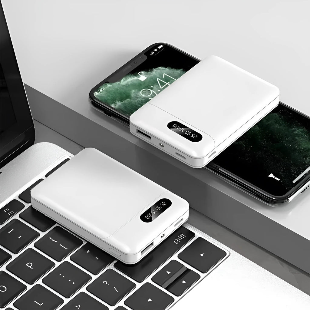 White or black portable power bank with 10000 mAh capacity measuring 92mm by 63mm