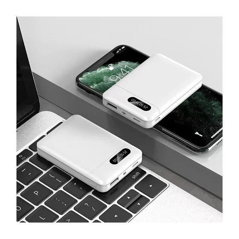 White or black portable power bank with 10000 mAh capacity measuring 92mm by 63mm