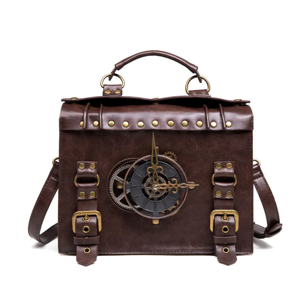 Bronze steampunk industrial retro shoulder bag with metal hardware details