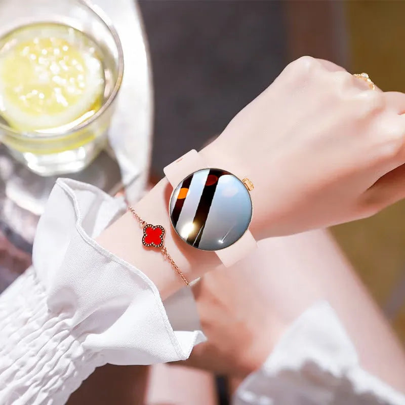 Women's circular smart watch with aluminium alloy case and colour screen showing health metrics