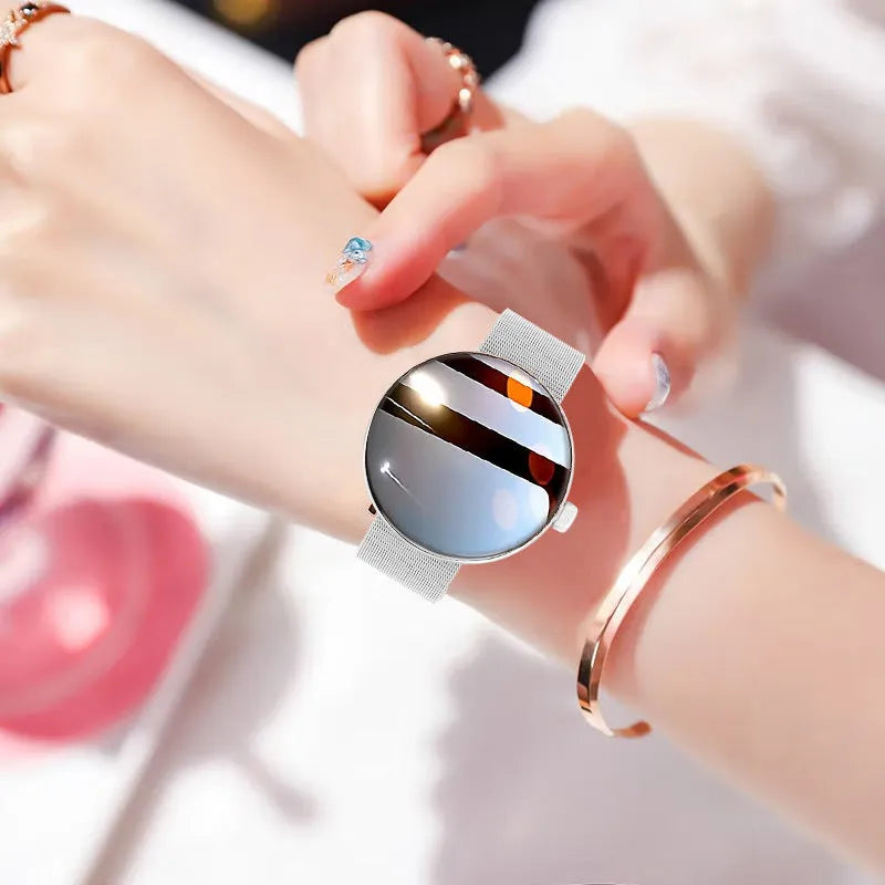 Women's circular smart watch with aluminium alloy case and colour screen showing health metrics