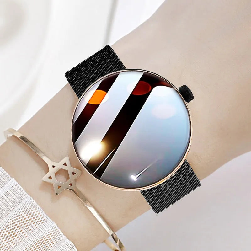 Women's circular smart watch with aluminium alloy case and colour screen showing health metrics