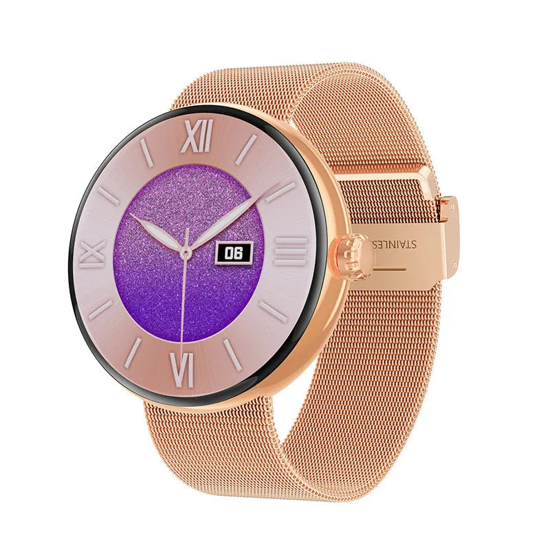 Women's circular smart watch with aluminium alloy case and colour screen showing health metrics