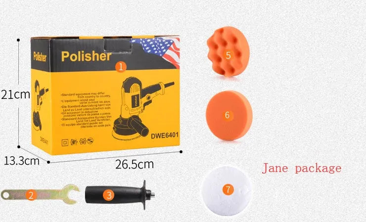 Yellow automotive polishing machine with 125mm disc diameter on workbench