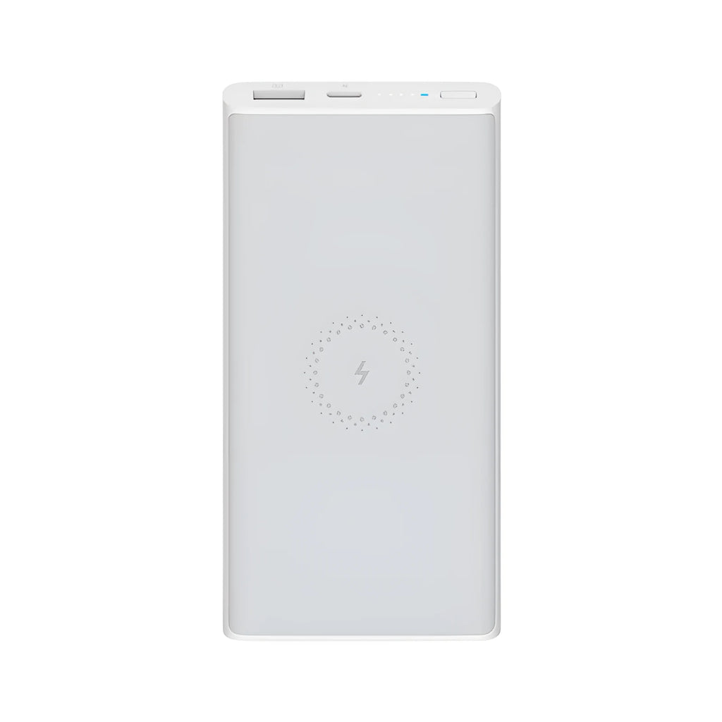 White and black large capacity 10000mAh power bank with USB-C port and wireless charging symbol.