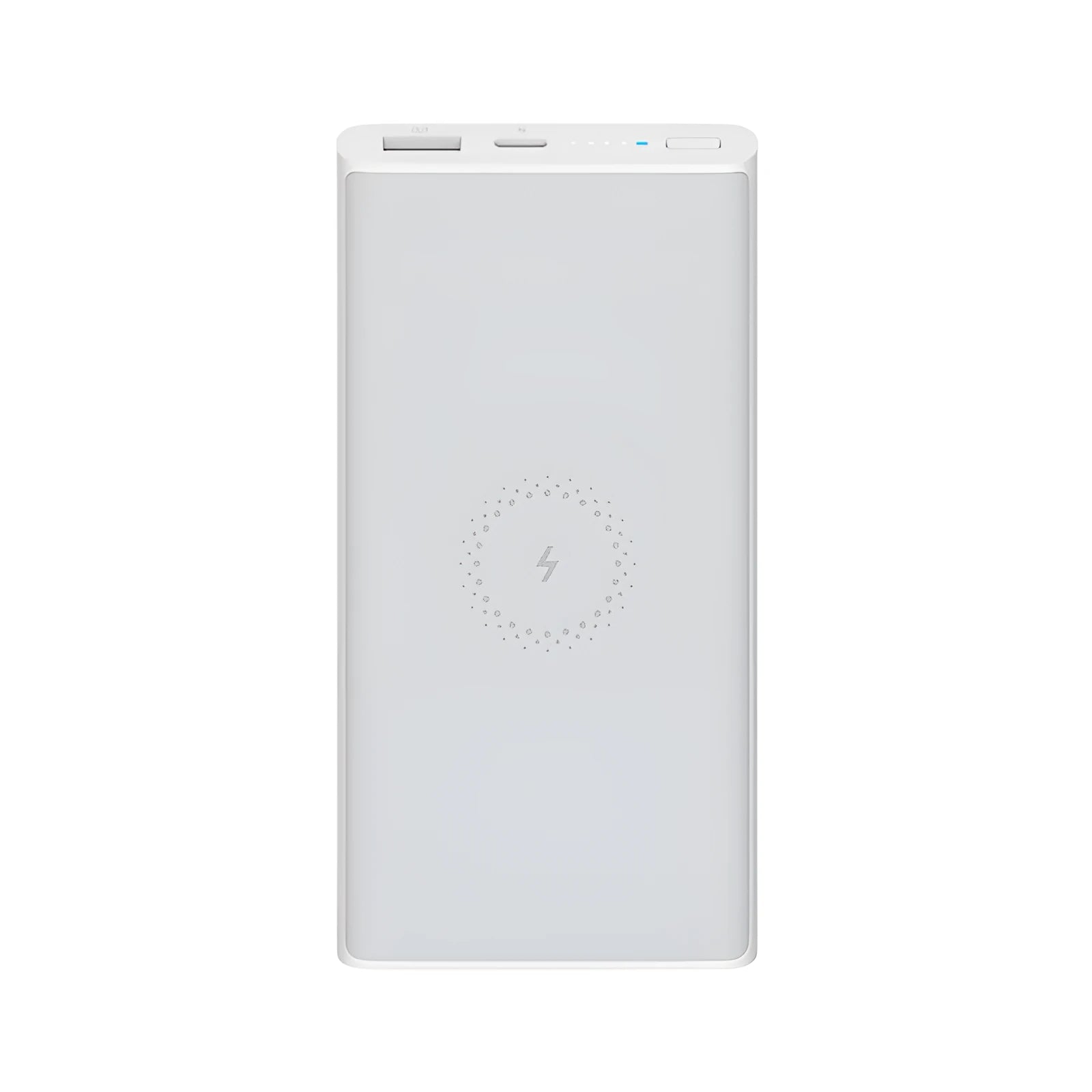 White and black large capacity 10000mAh power bank with USB-C port and wireless charging symbol.
