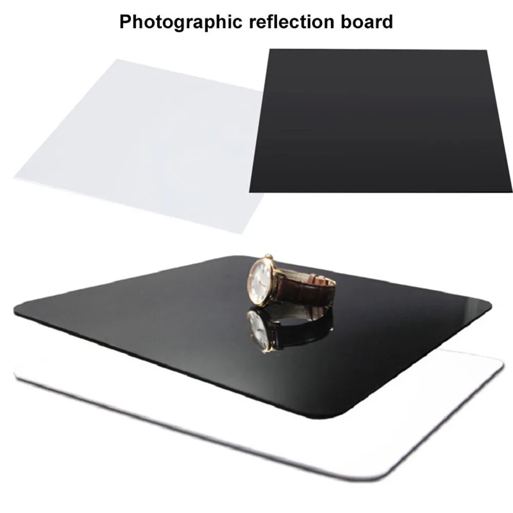Black and white acrylic reflection boards in 20x20cm, 30x30cm, and 40x40cm sizes for photography