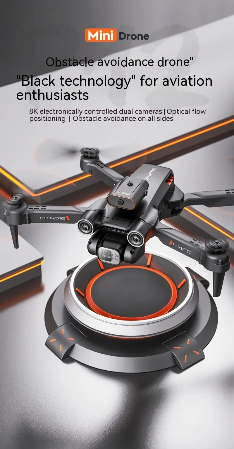 Black and orange remote control quadcopter drone with four rotors, shown folded and unfolded.