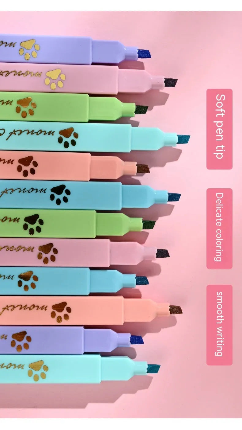 Cat's Paw fluorescent highlighting pen set showing six different coloured pens with oblique nibs.