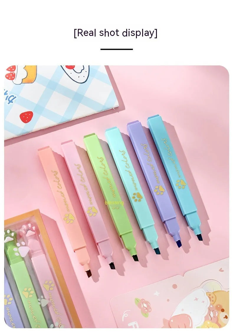 Cat's Paw fluorescent highlighting pen set showing six different coloured pens with oblique nibs.