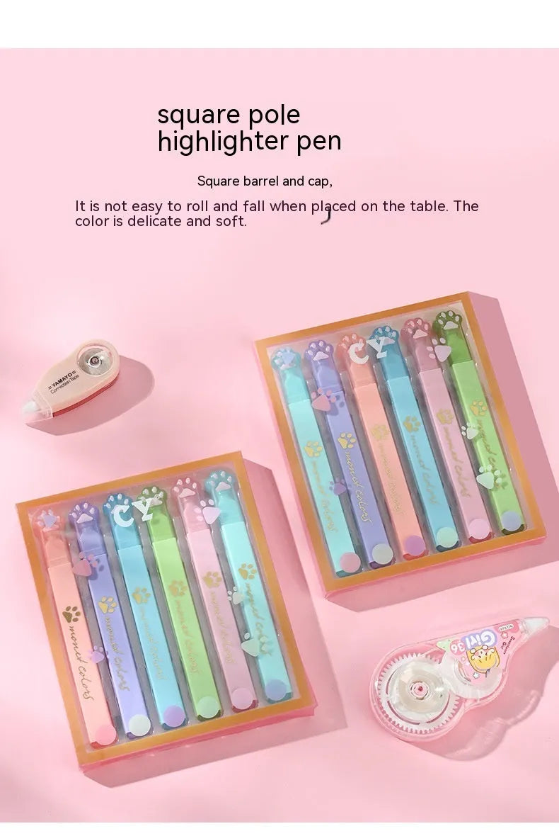 Cat's Paw fluorescent highlighting pen set showing six different coloured pens with oblique nibs.
