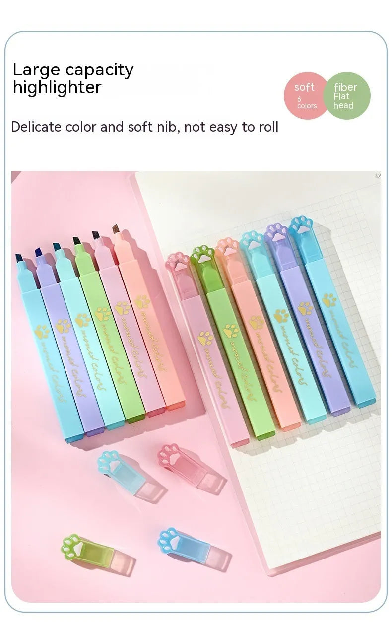 Cat's Paw fluorescent highlighting pen set showing six different coloured pens with oblique nibs.