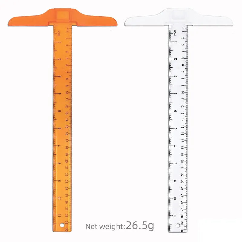30cm plastic T-shaped ruler in transparent or orange yellow with double centimetre scale