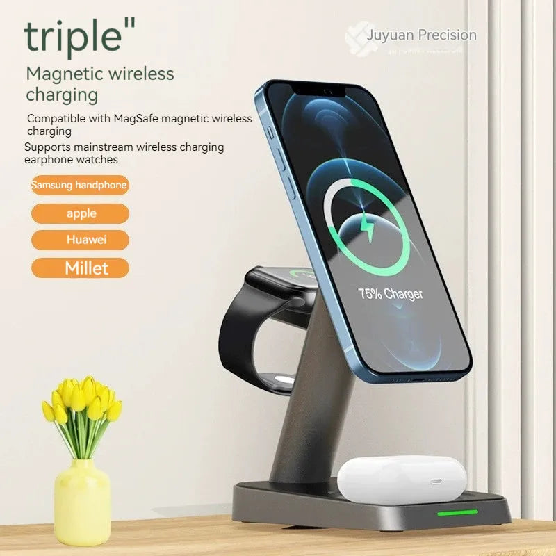 Black vertical cube-shaped wireless charger with phone and watch dock, showing 10000mAh power bank capacity.