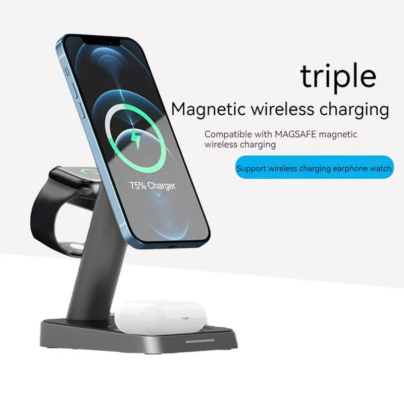 Black vertical cube-shaped wireless charger with phone and watch dock, showing 10000mAh power bank capacity.