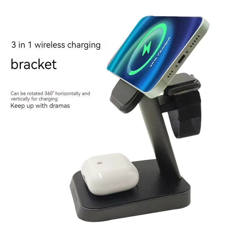 Black vertical cube-shaped wireless charger with phone and watch dock, showing 10000mAh power bank capacity.