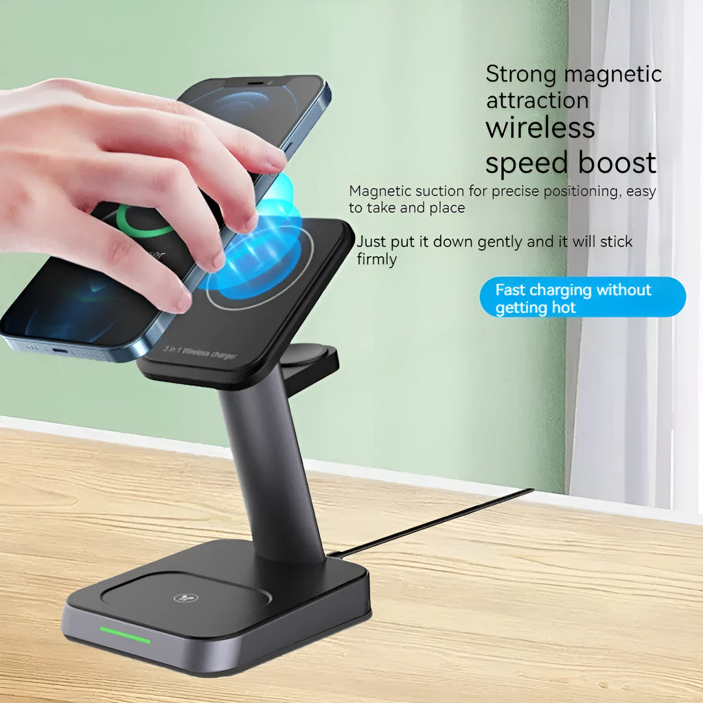 Black vertical cube-shaped wireless charger with phone and watch dock, showing 10000mAh power bank capacity.
