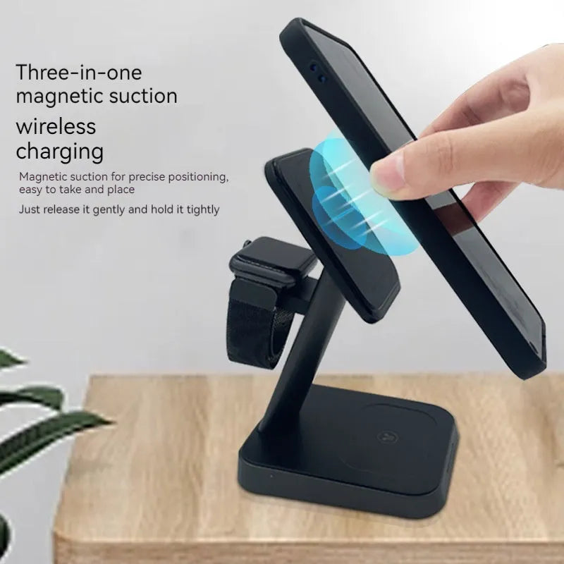 Black vertical cube-shaped wireless charger with phone and watch dock, showing 10000mAh power bank capacity.