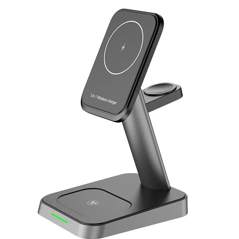 Black vertical cube-shaped wireless charger with phone and watch dock, showing 10000mAh power bank capacity.