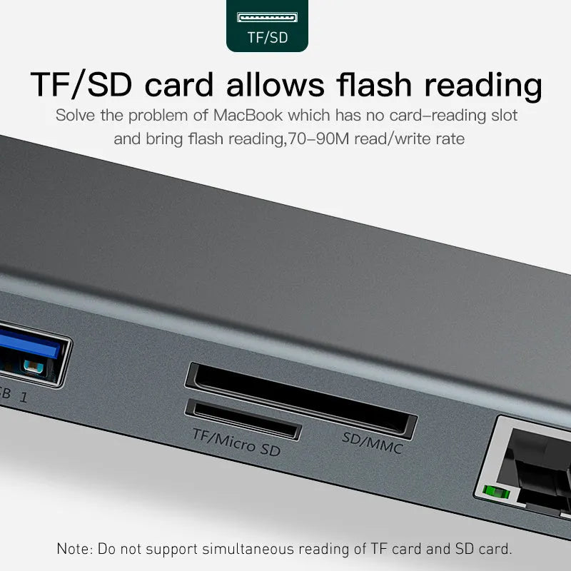 Grey ten-port USB-C hub docking station with cooling bracket showing HDMI, VGA and Ethernet ports