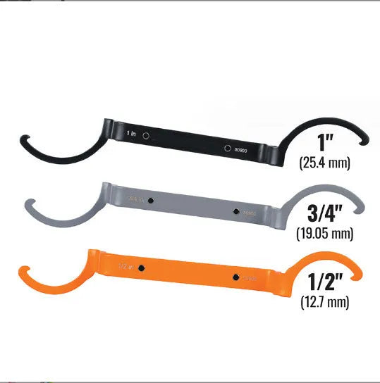 Three-piece wrench set showing orange, grey, and black wrenches with magnetic crescent and catheter locking types