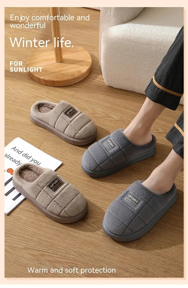 Men's plaid winter slippers with rabbit hair upper and thick EVA sole in brown colour