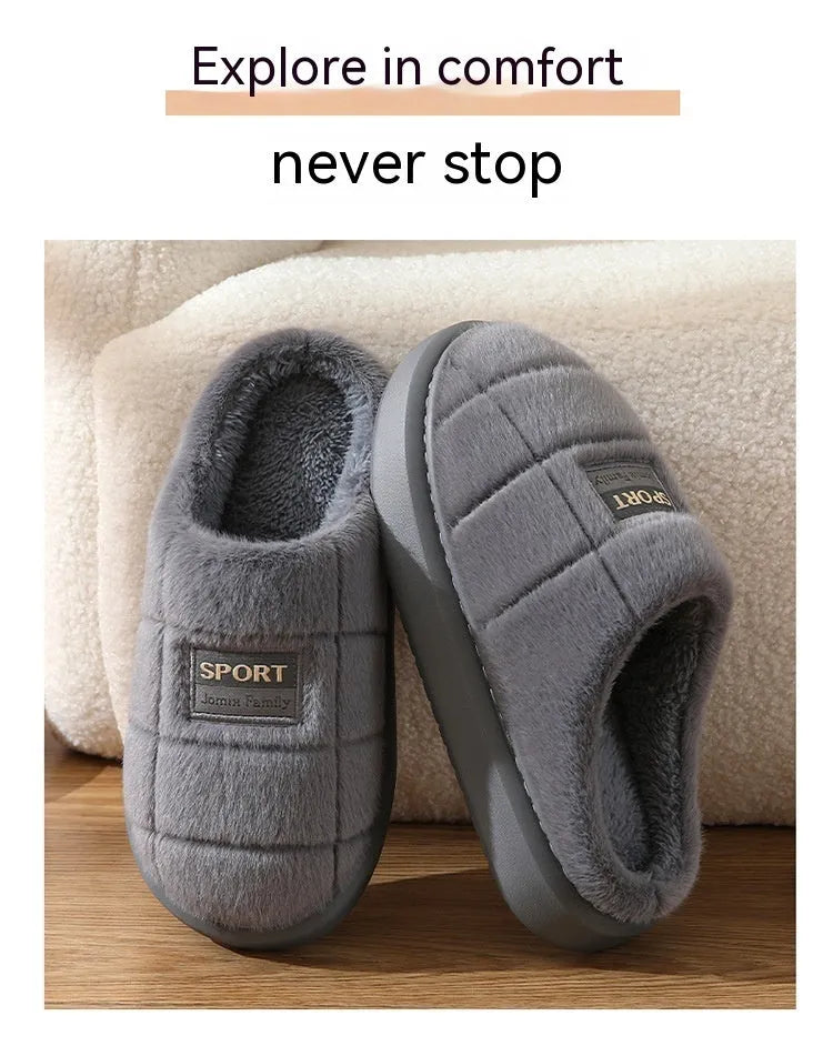 Men's plaid winter slippers with rabbit hair upper and thick EVA sole in brown colour