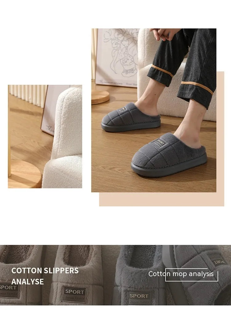 Men's plaid winter slippers with rabbit hair upper and thick EVA sole in brown colour