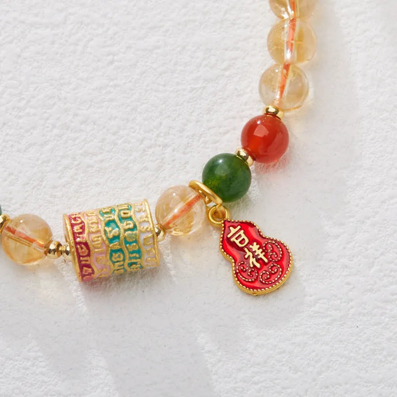 Hand-woven citrine five sutra bracelet with 6mm crystal beads in geometry pattern