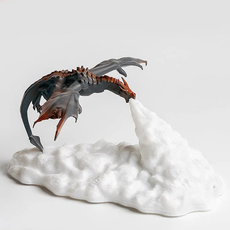 3D printed dragon-shaped night light with red breathing LED glow on a dark surface